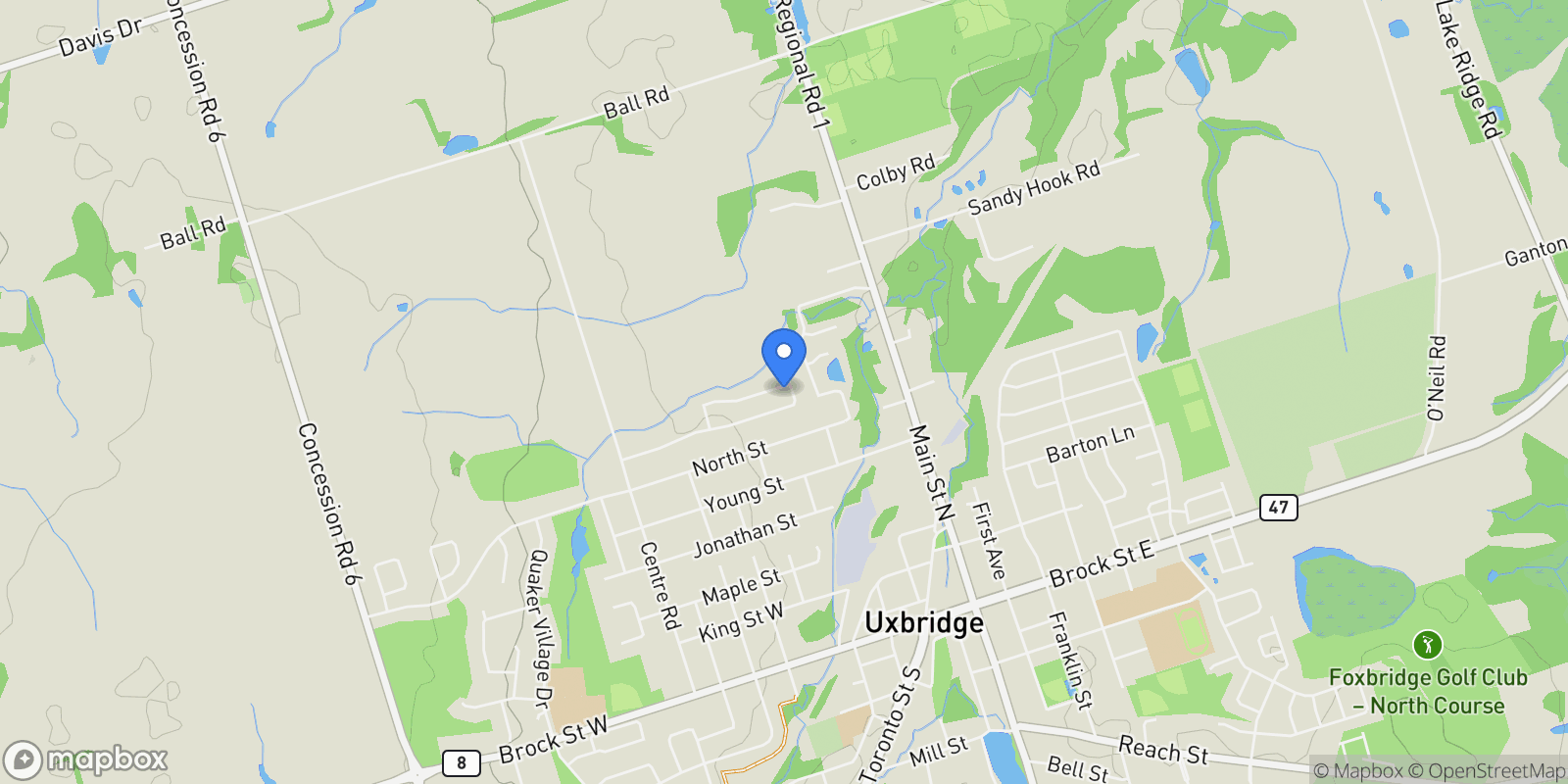 Map showing 55 Apple Tree Crescent, Uxbridge, Ontario, Canada.