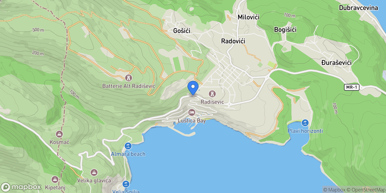 Map showing Lustica Bay, Tivat, Milovići, Tivat Municipality, Montenegro.