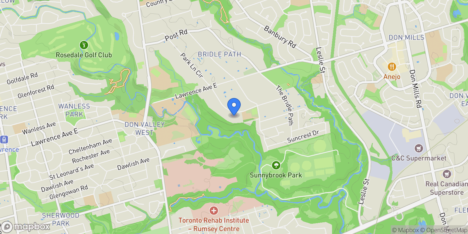 Map showing 50 Park Lane Circ, Toronto, Ontario, Canada.