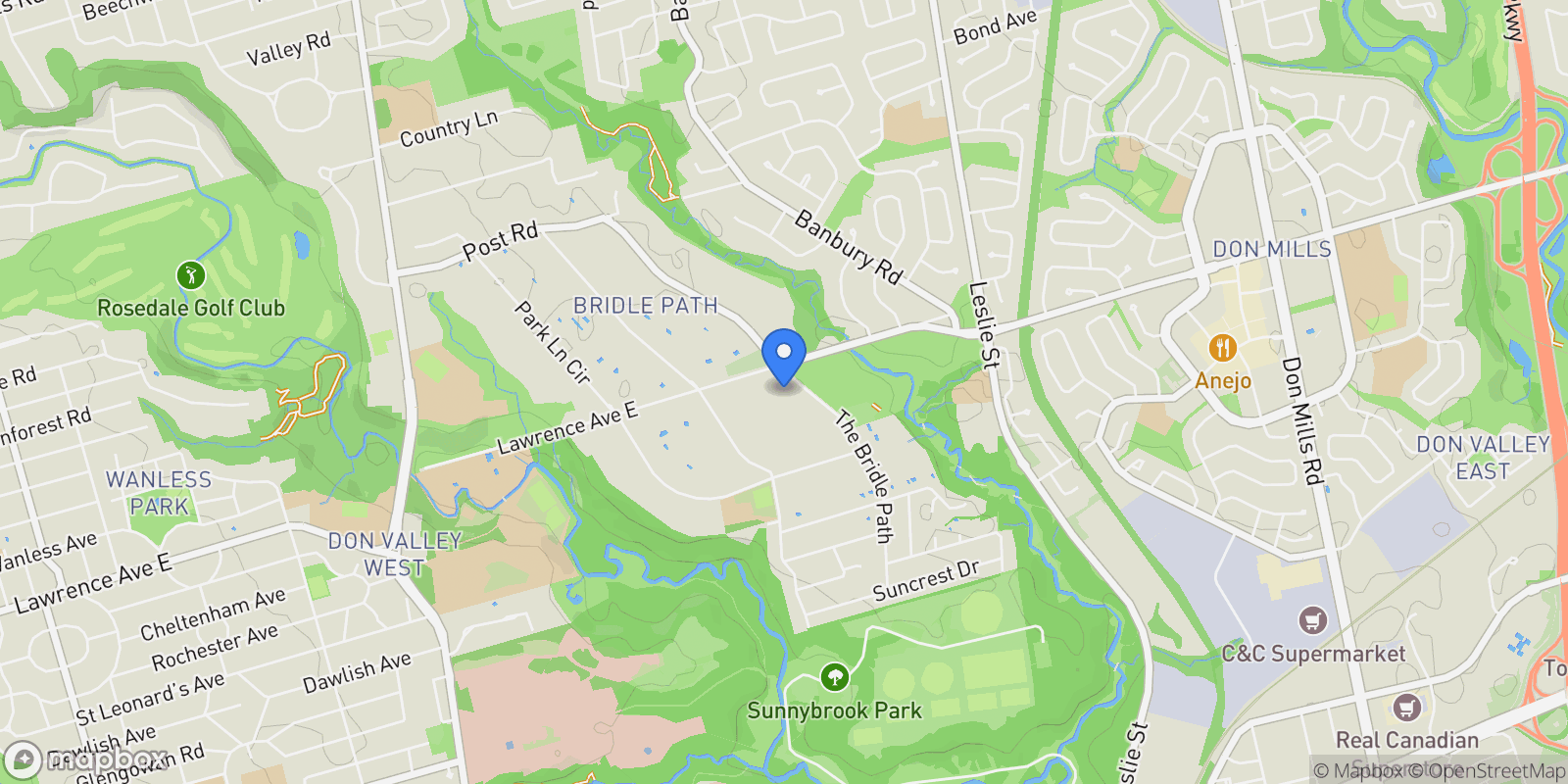 Map showing 85 The Bridle Path, Toronto, Ontario, Canada.