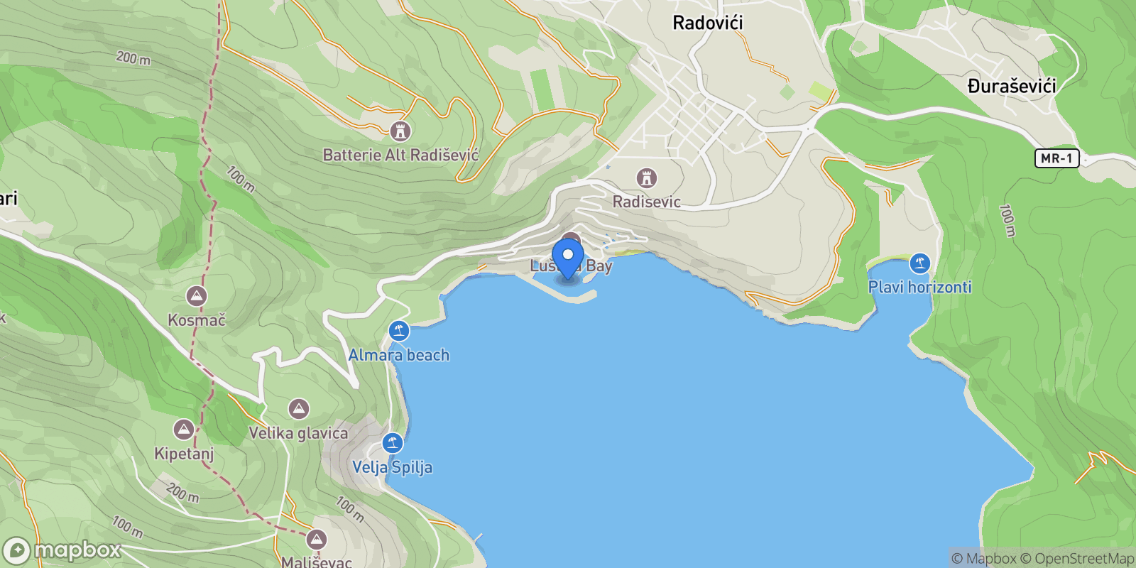 Map showing 9MM7+W54 Zaliv, Bigova, Montenegro, Milovići, Tivat Municipality, Montenegro.