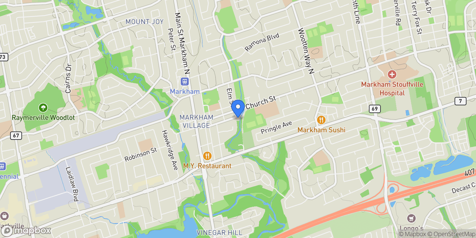 Map showing 65 Joseph St, Markham, Ontario, Canada.
