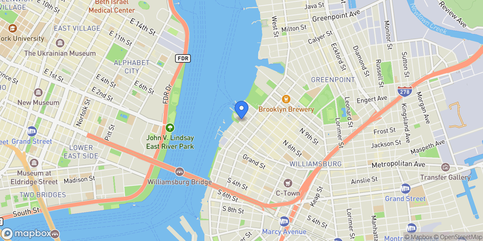 Map showing NORTHSIDE PIERS, New York, New York, United States.