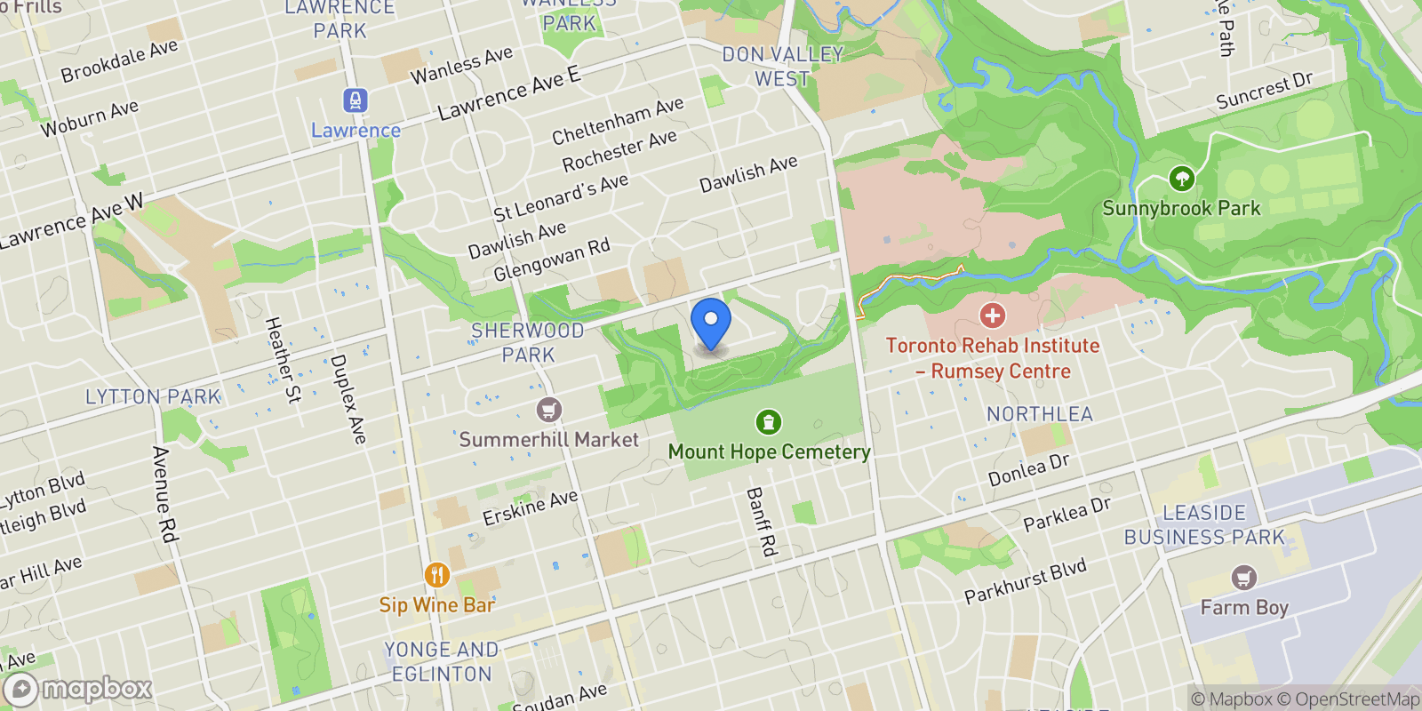 Map showing 33 Blyth Hill Road, Toronto, Ontario, Canada.