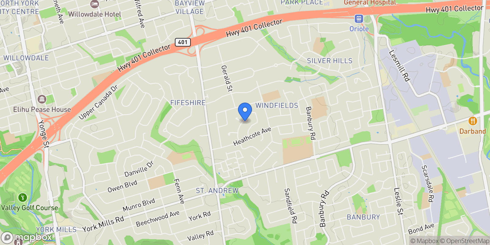 Map showing 49 Rollscourt Drive, Toronto, Ontario, Canada.