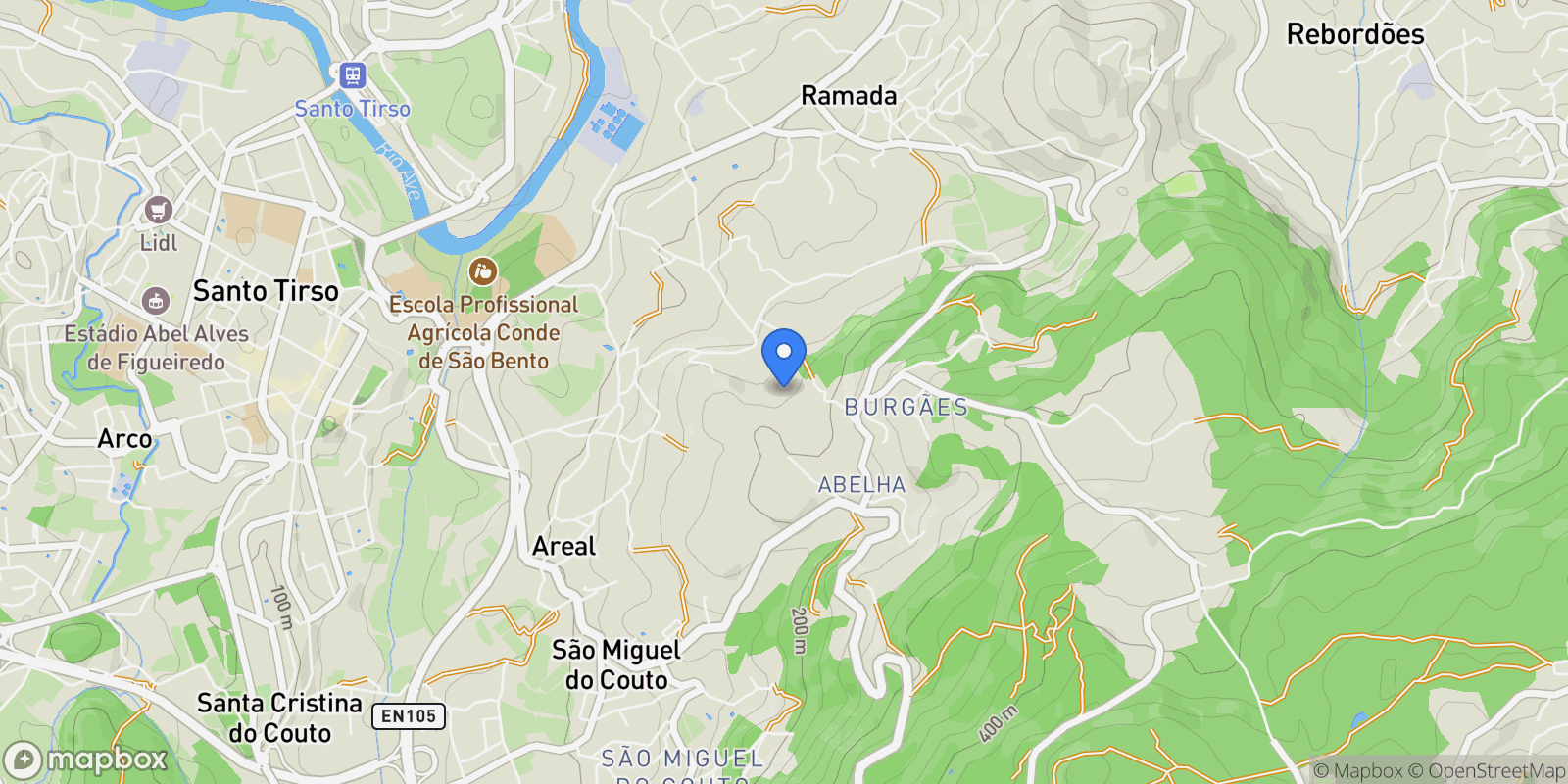 Map showing Lugar da Cerqueda, Santo Tirso, Couto (Santa Cristina e Sao Miguel) e Burgaes, Porto District, Portugal.