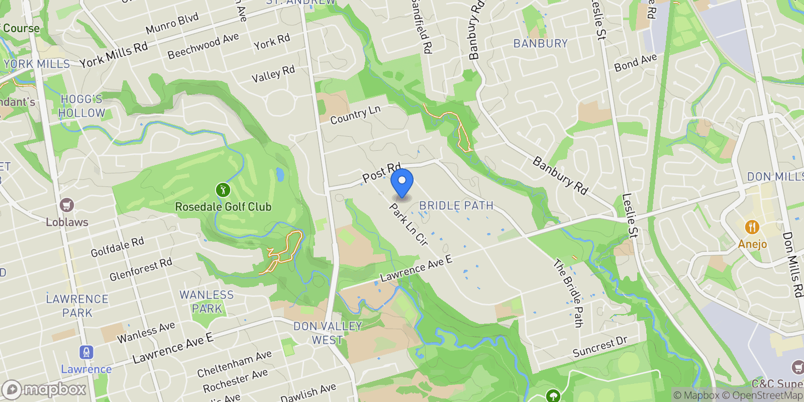 Map showing 15 Park Lane Circle, Toronto, Ontario, Canada.
