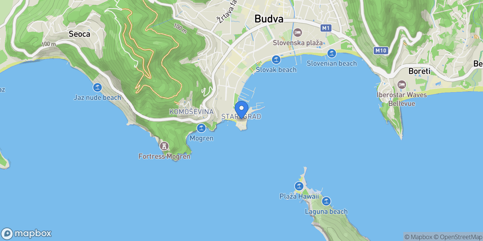 Map showing Old Town, Budva, Montenegro, Budva, Budva Municipality, Montenegro.