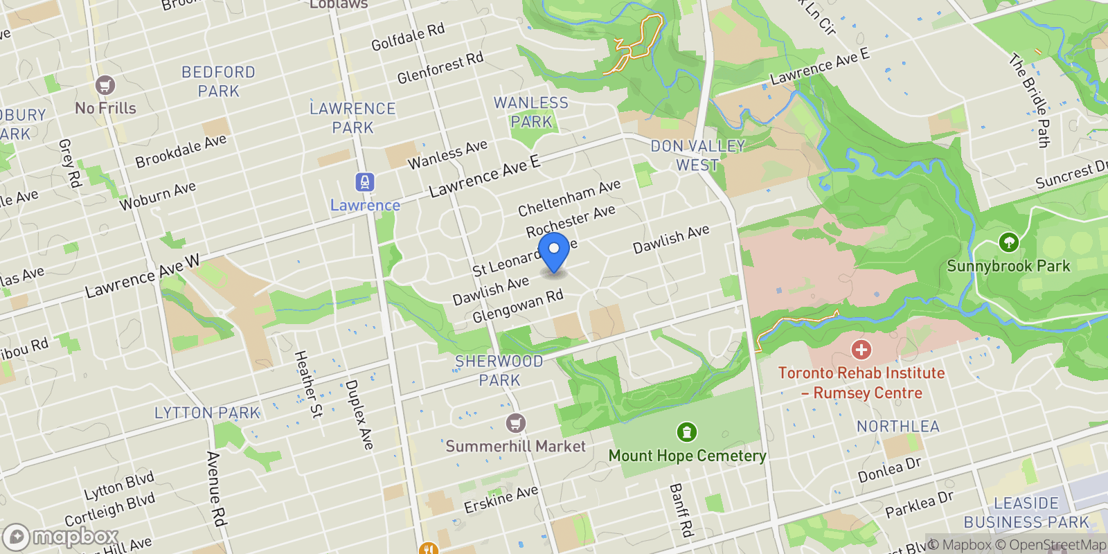 Map showing 185 Dawlish Ave, Toronto, Ontario, Canada.