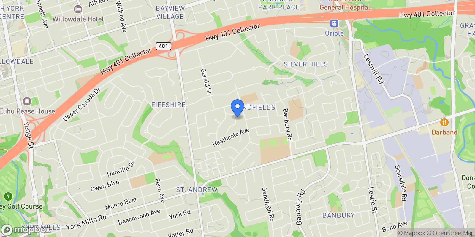 Map showing 23 Lauderdale Drive, Toronto, Ontario, Canada.