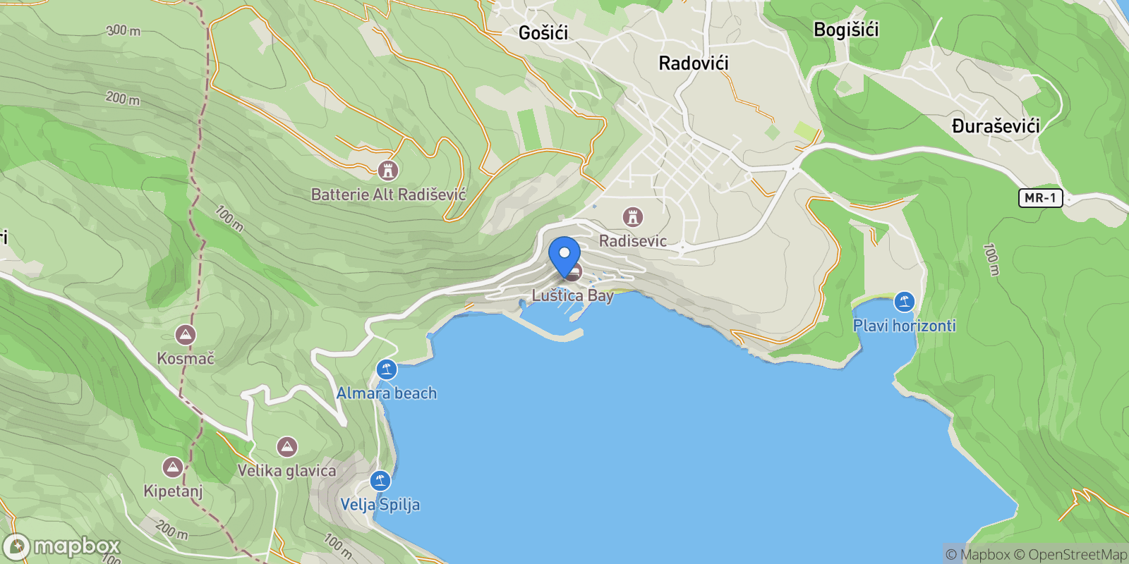Map showing 9MP6+HH5, Radovići, Montenegro, Milovići, Tivat Municipality, Montenegro.