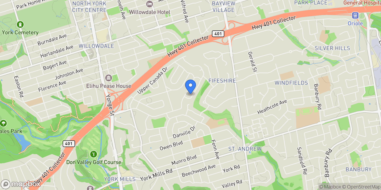 Map showing 16 Montressor Drive, Toronto, Ontario, Canada.