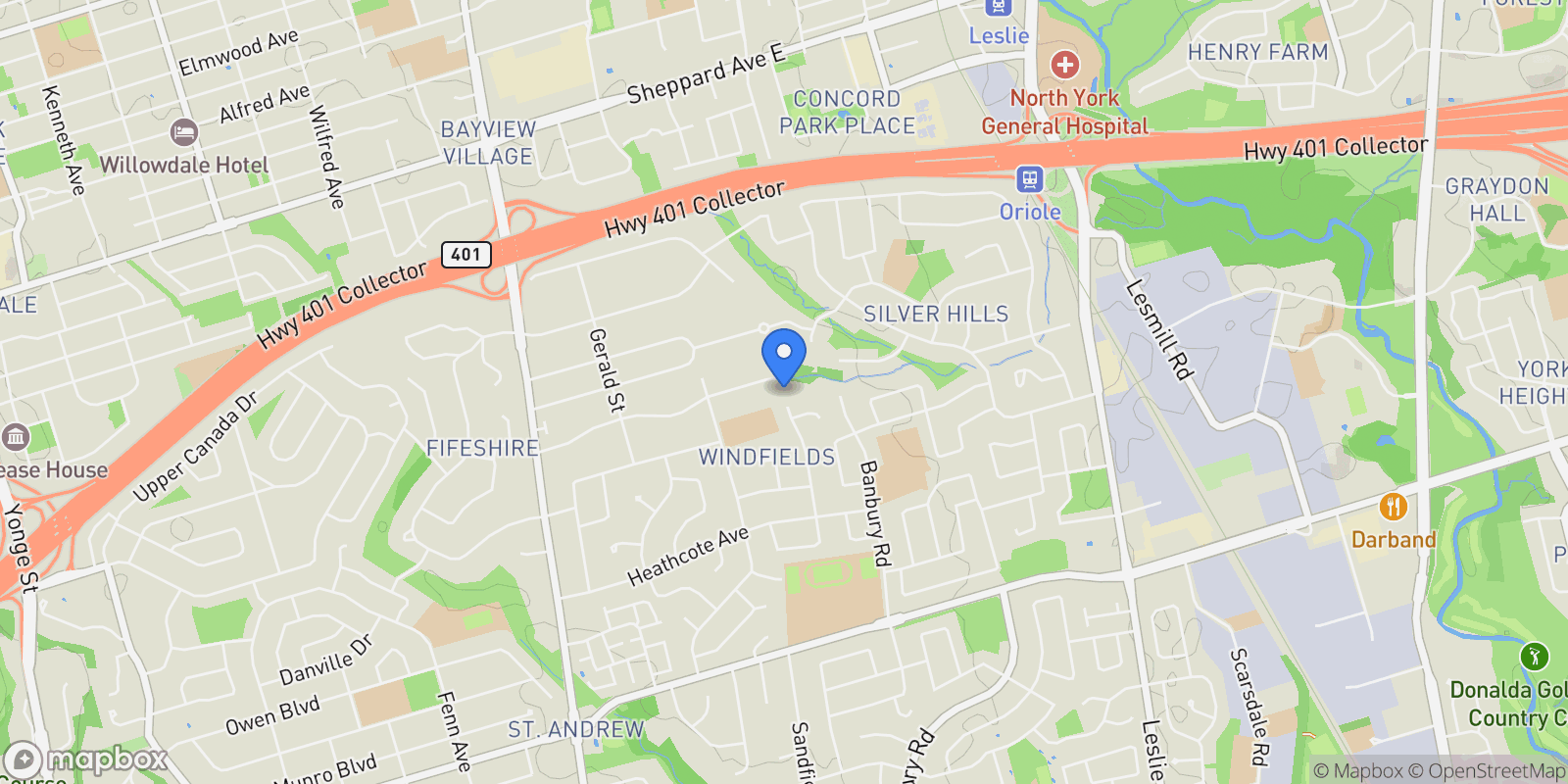 Map showing 101 Old Colony Rd, Toronto, Ontario, Canada.