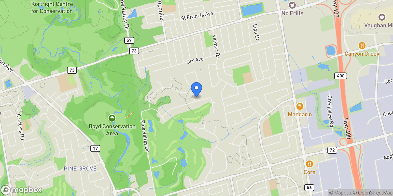 Map showing 186 Pine Valley Cres, Vaughan, Ontario, Canada.