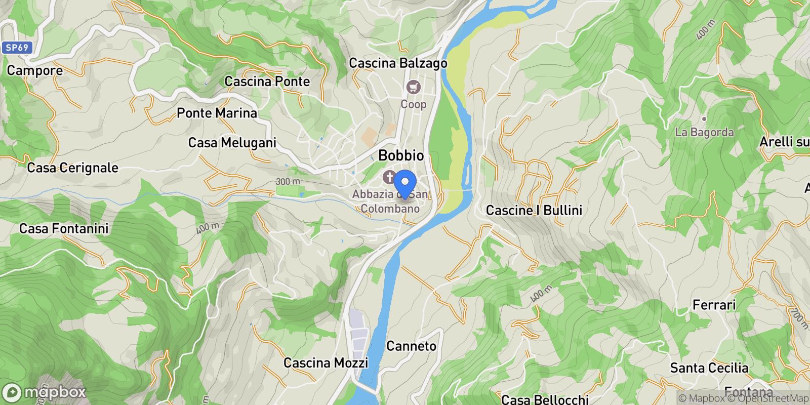 Map showing Via Veneto, Piacenza, Bobbio, Emilia-Romagna, Italy.