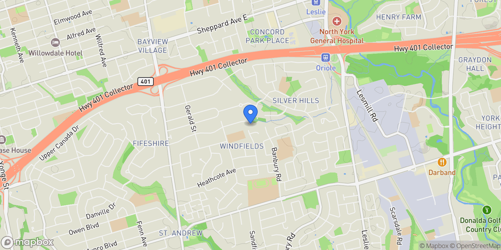 Map showing 103 Old Colony Rd, Toronto, Ontario, Canada.