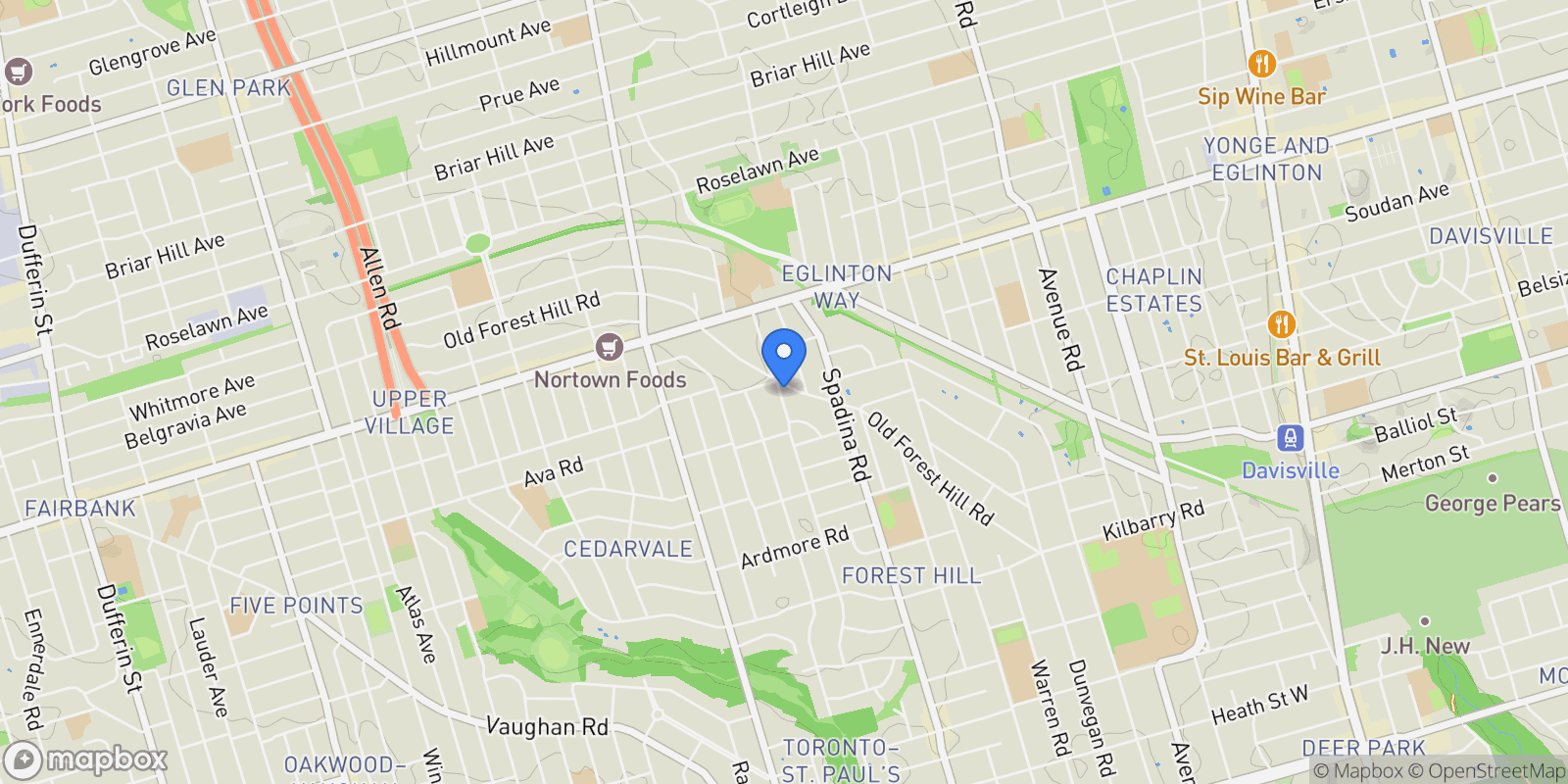 Map showing 100 Old Forest Hill Road, Toronto, Ontario, Canada.
