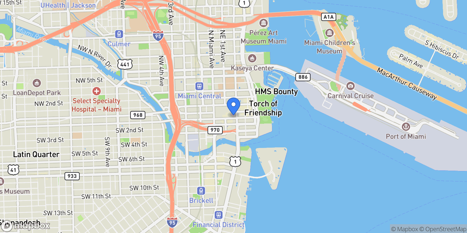 Map showing 151 SE 1st St, Miami, Florida, United States.