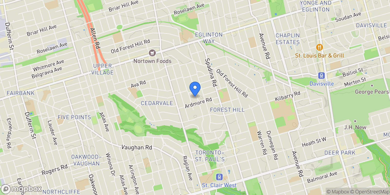 Map showing 210 Glenayr Road, Toronto, Ontario, Canada.