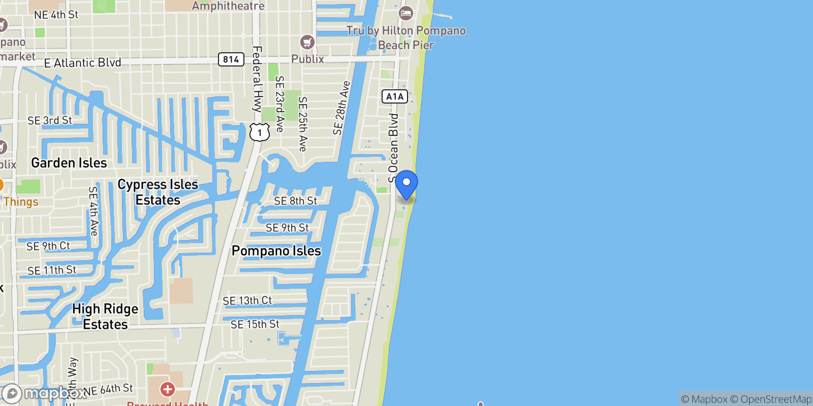 Map showing 1340 S Ocean Blvd #1103, Pompano Beach, FL 33062, Hillsboro Beach, Florida, United States.