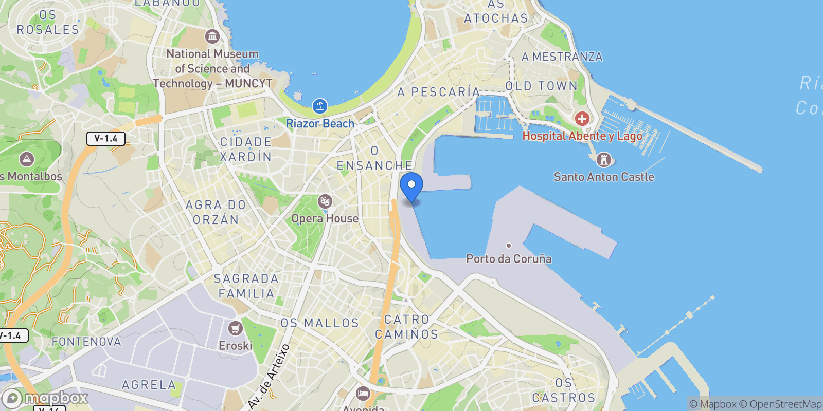 Map showing Ensanche, A Coruña, A CORUÑA, A Coruña, A Coruna, Visma, Spain.