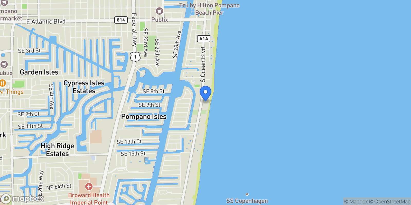 Map showing 1360 S Ocean Blvd #708, Pompano Beach, FL 33062, Hillsboro Beach, Florida, United States.