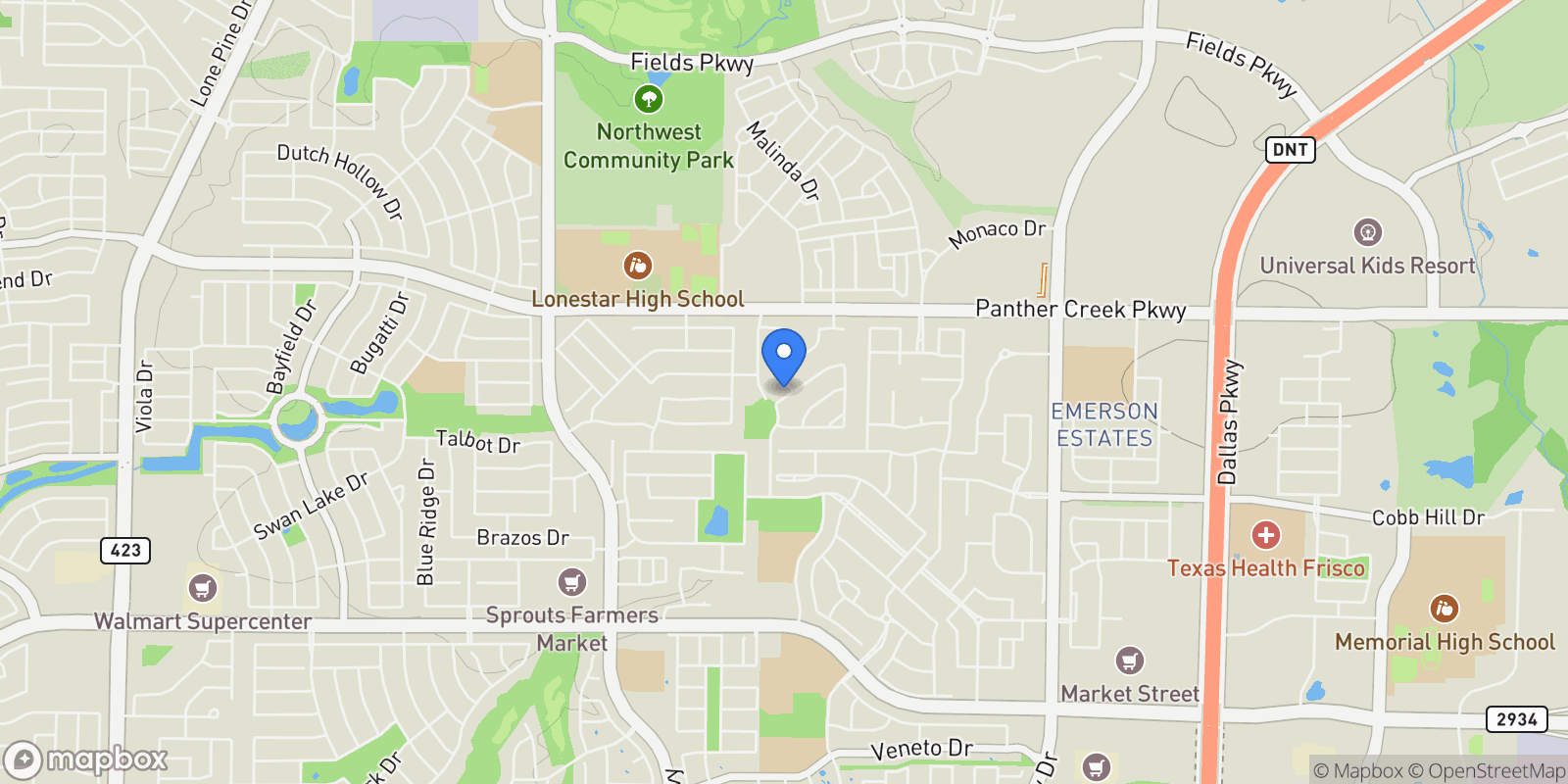 Map showing 13017 Broken Log Lane, Frisco, Texas, United States.