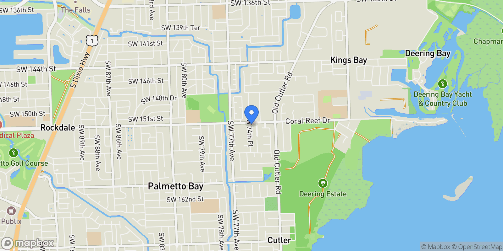 Map showing 15201 SW 74th Place, Palmetto Bay, FL 33157, Cutler Bay, Florida, United States.
