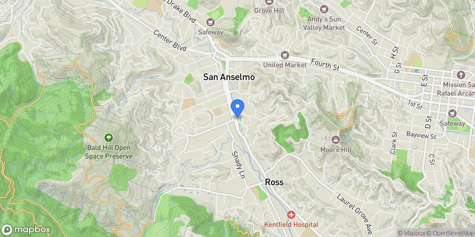 Map showing 94 Sir Francis Drake Boulevard , Ross, CA 94957, Ross, California, United States.
