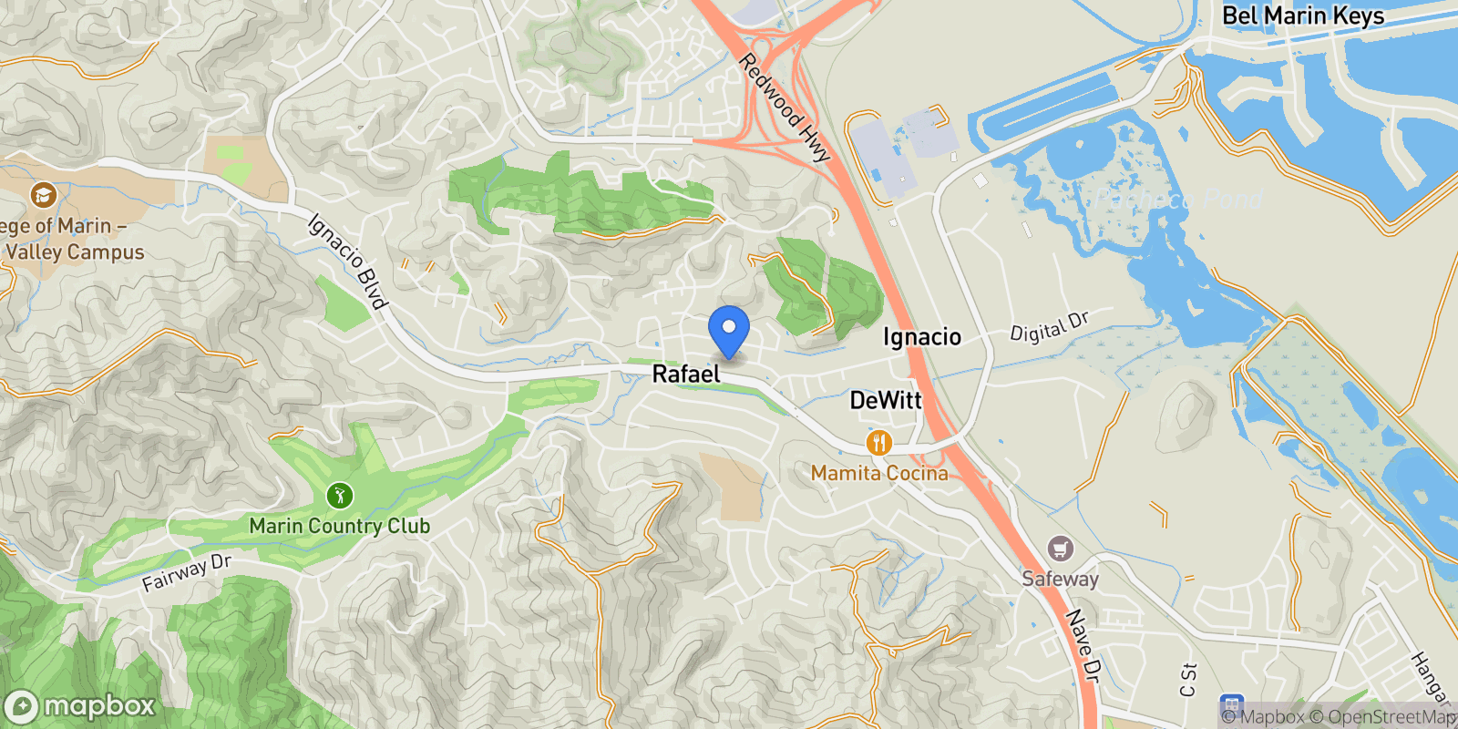 Map showing 71 Oak Grove Drive , Novato, CA 94949, Novato, California, United States.