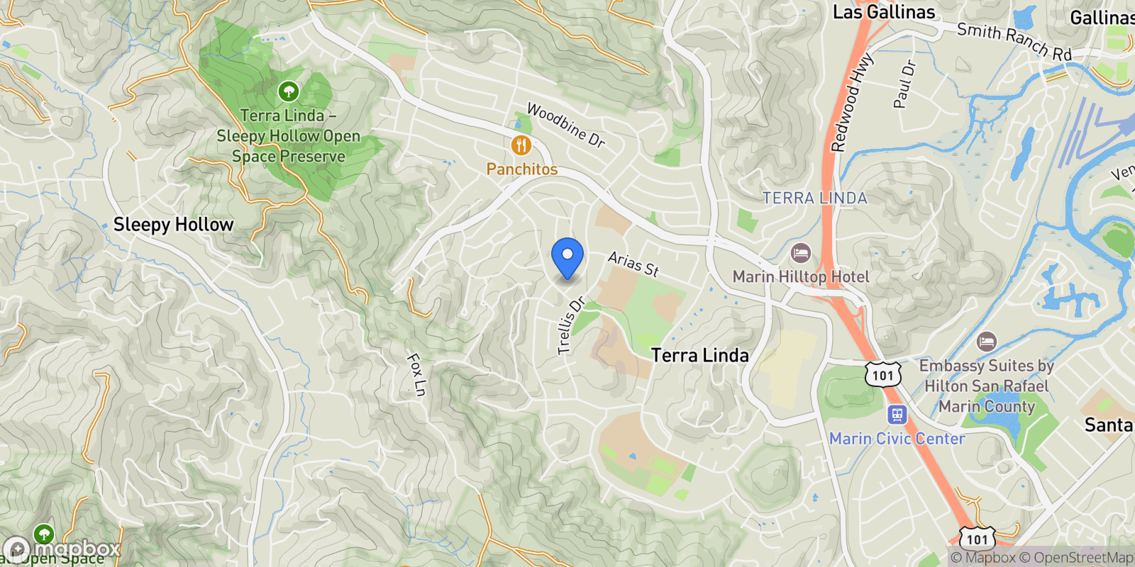 Map showing 829 Las Pavadas Avenue , San Rafael, CA 94903, San Rafael, California, United States.