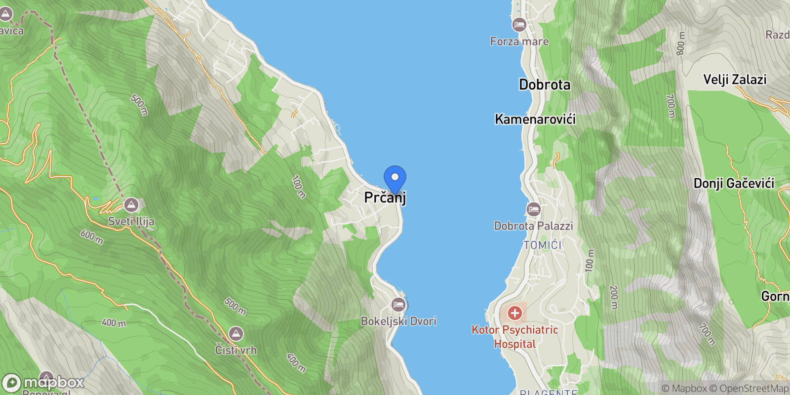 Map showing Prčanj, Montenegro, Donji Stoliv, Kotor Municipality, Montenegro.