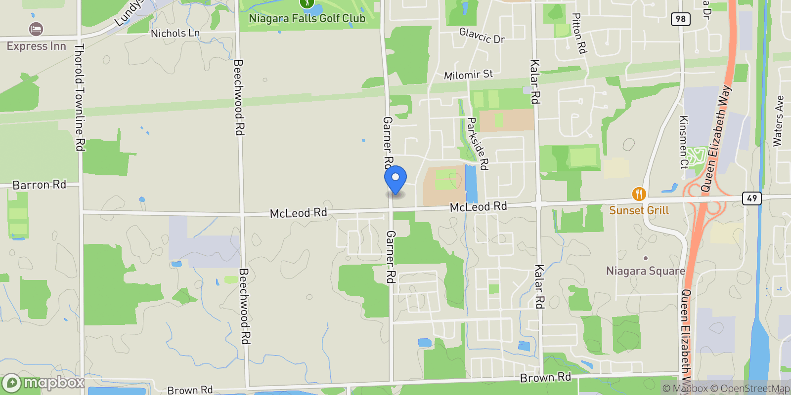Map showing 7186 Garner Rd, Niagara Falls, ON L2H 0X7, Niagara Falls, Ontario, Canada.
