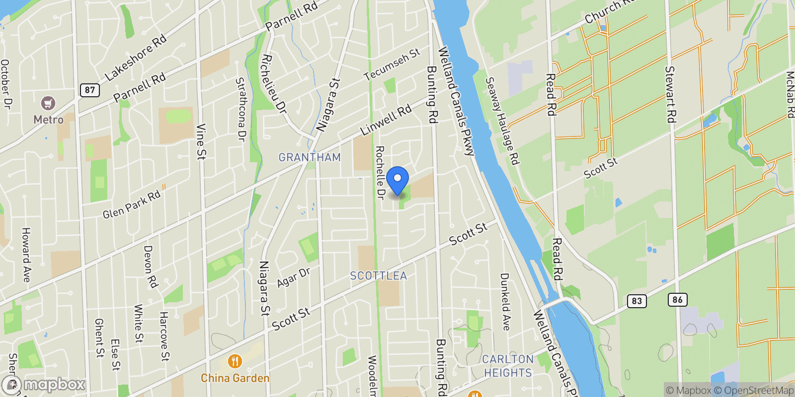 Map showing 10 Bullocks Corners, St. Catharines, ON L2M 6W8, St. Catharines, Ontario, Canada.