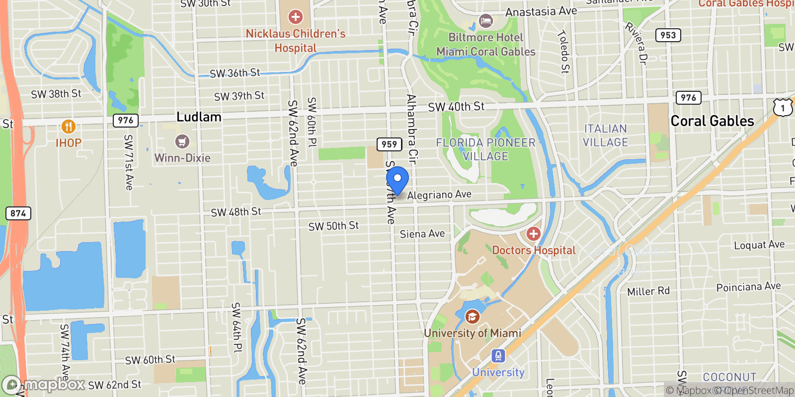 Map showing 1536 Alegriano Ave, Coral Gables, Florida, United States.