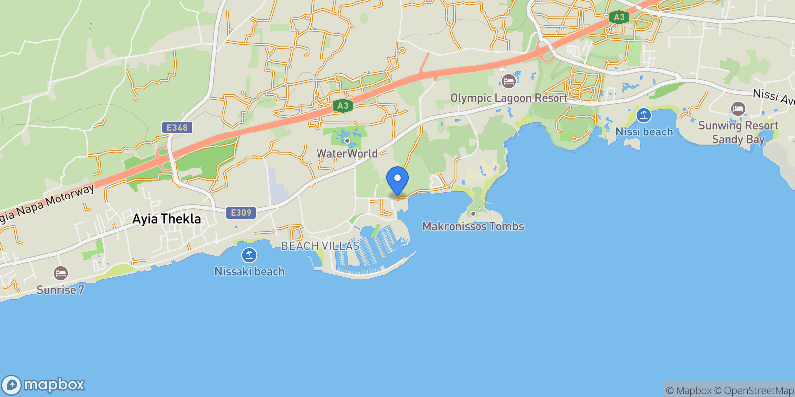 Map showing XWJW+QXH, Ayia Napa 5330, Cyprus, Ayia Napa, Cyprus.