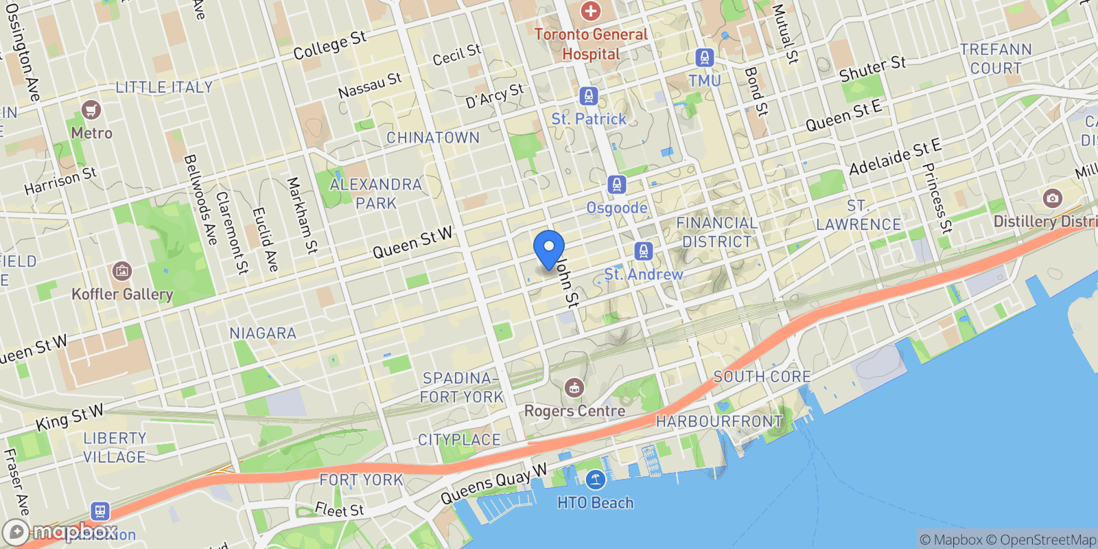 Map showing 80 John St, Toronto, ON M5V 1J2, Canada, Toronto, Ontario, Canada.