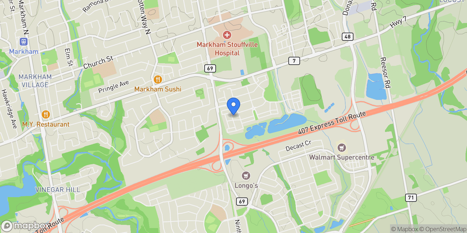 Map showing 25 Abberley Street, Markham, Ontario, Canada.