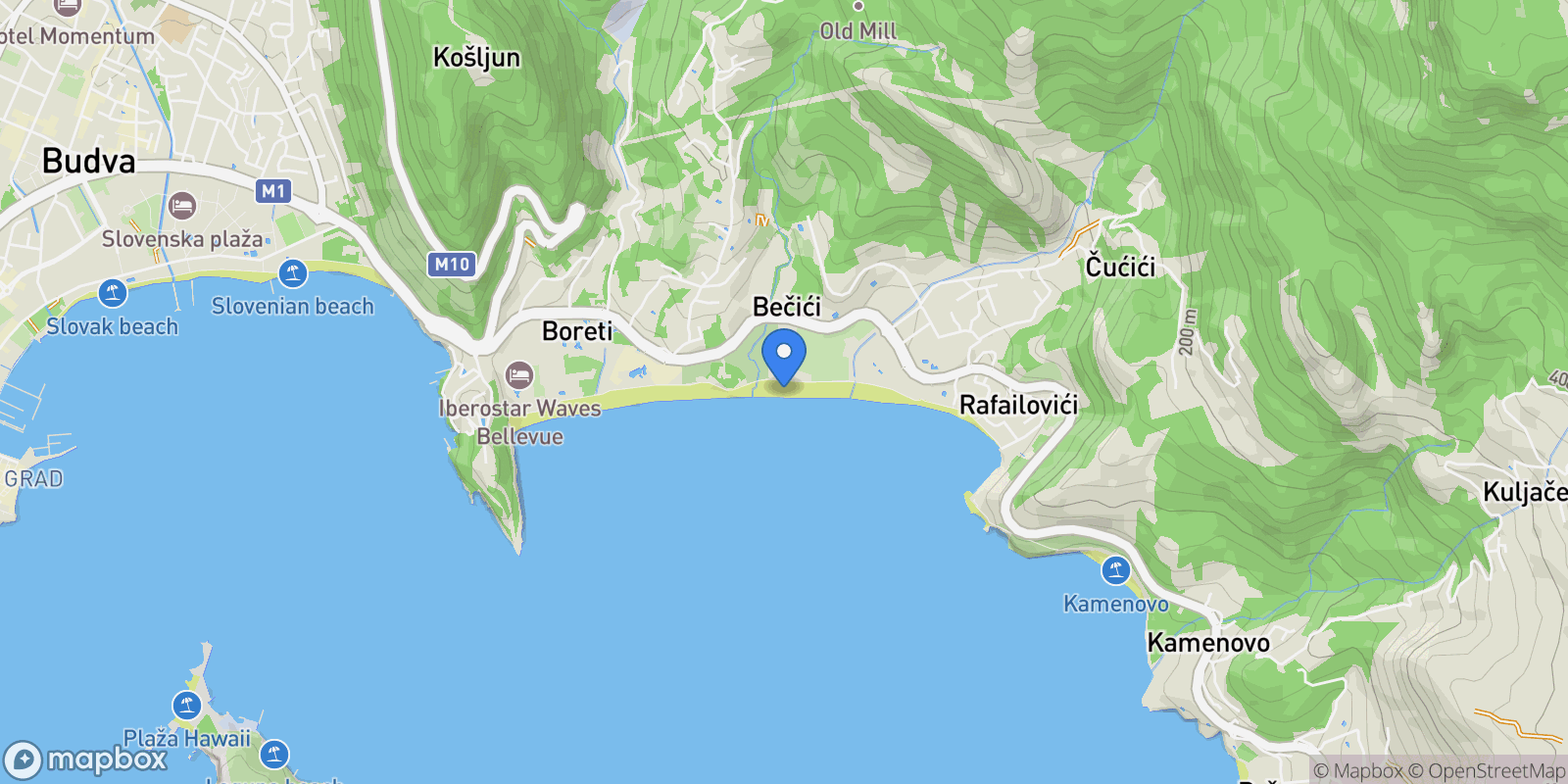 Map showing Becici beach, Montenegro, Bečići, Budva Municipality, Montenegro.