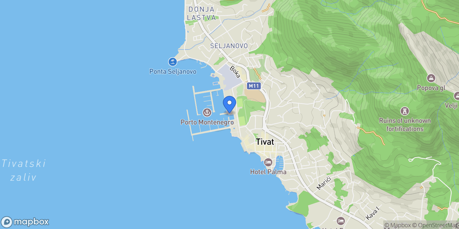 Map showing Porto Montenegro, Obala Bb, Tivat 85320, Montenegro, Tivat, Tivat Municipality, Montenegro.