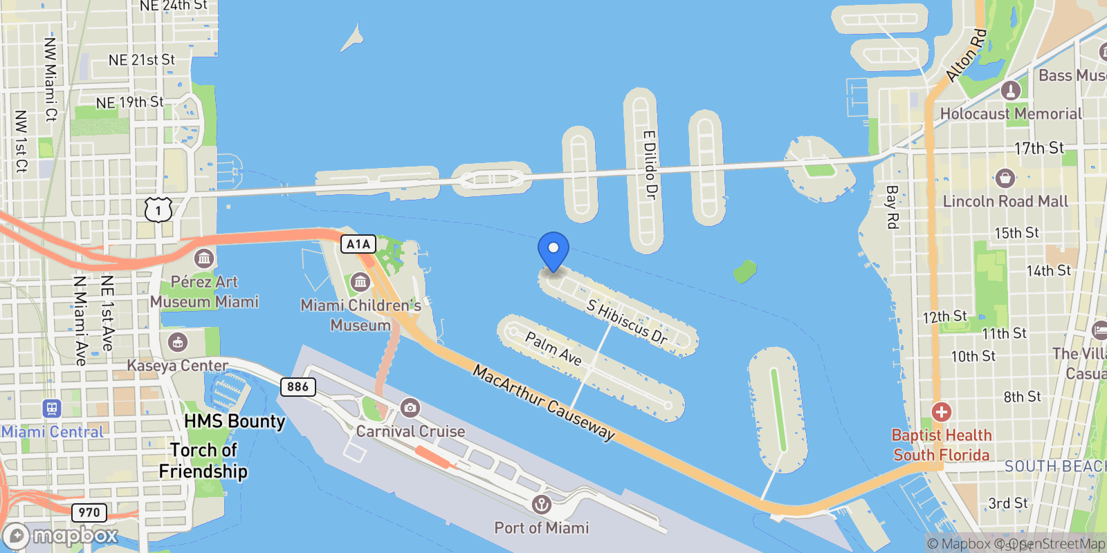 Map showing 420 N Hibiscus Dr, Miami Beach, Florida, United States.