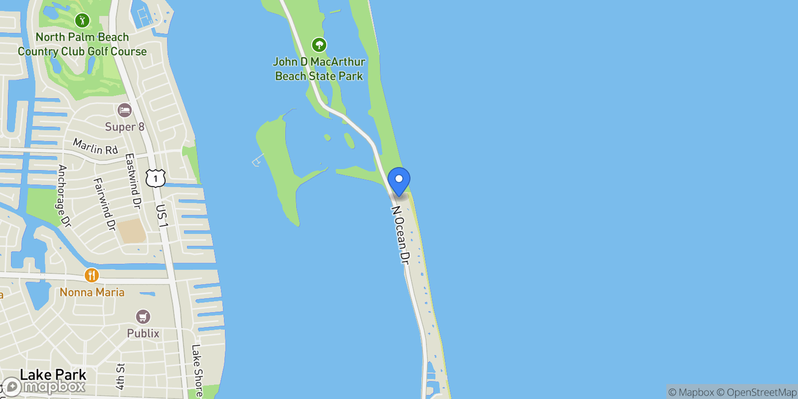Map showing 5550 N Ocean Drive 22b, Riviera Beach, Florida, United States.