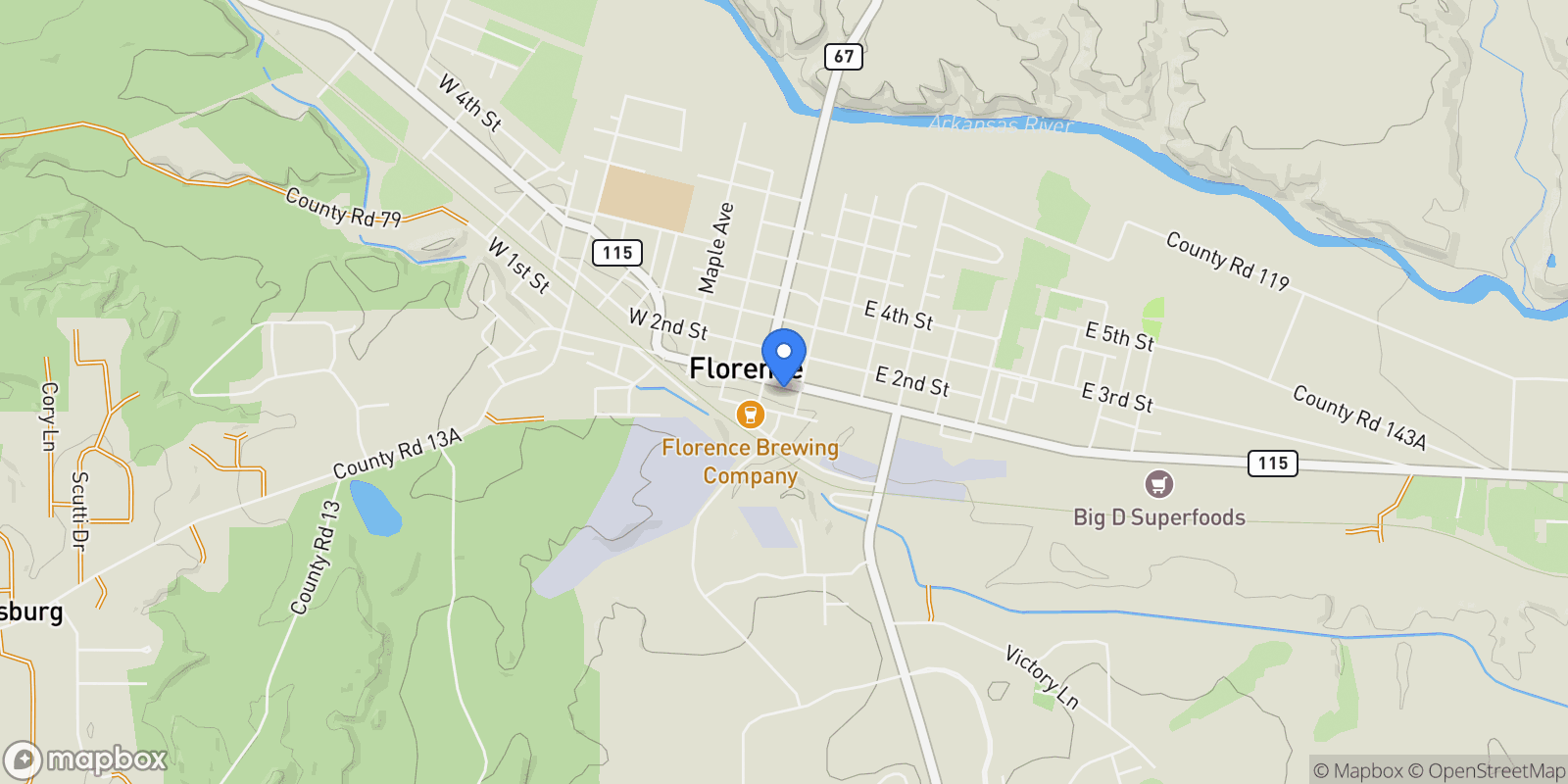 Map showing 120 Main Street, Florence, CO 81226, Florence, Colorado, United States.