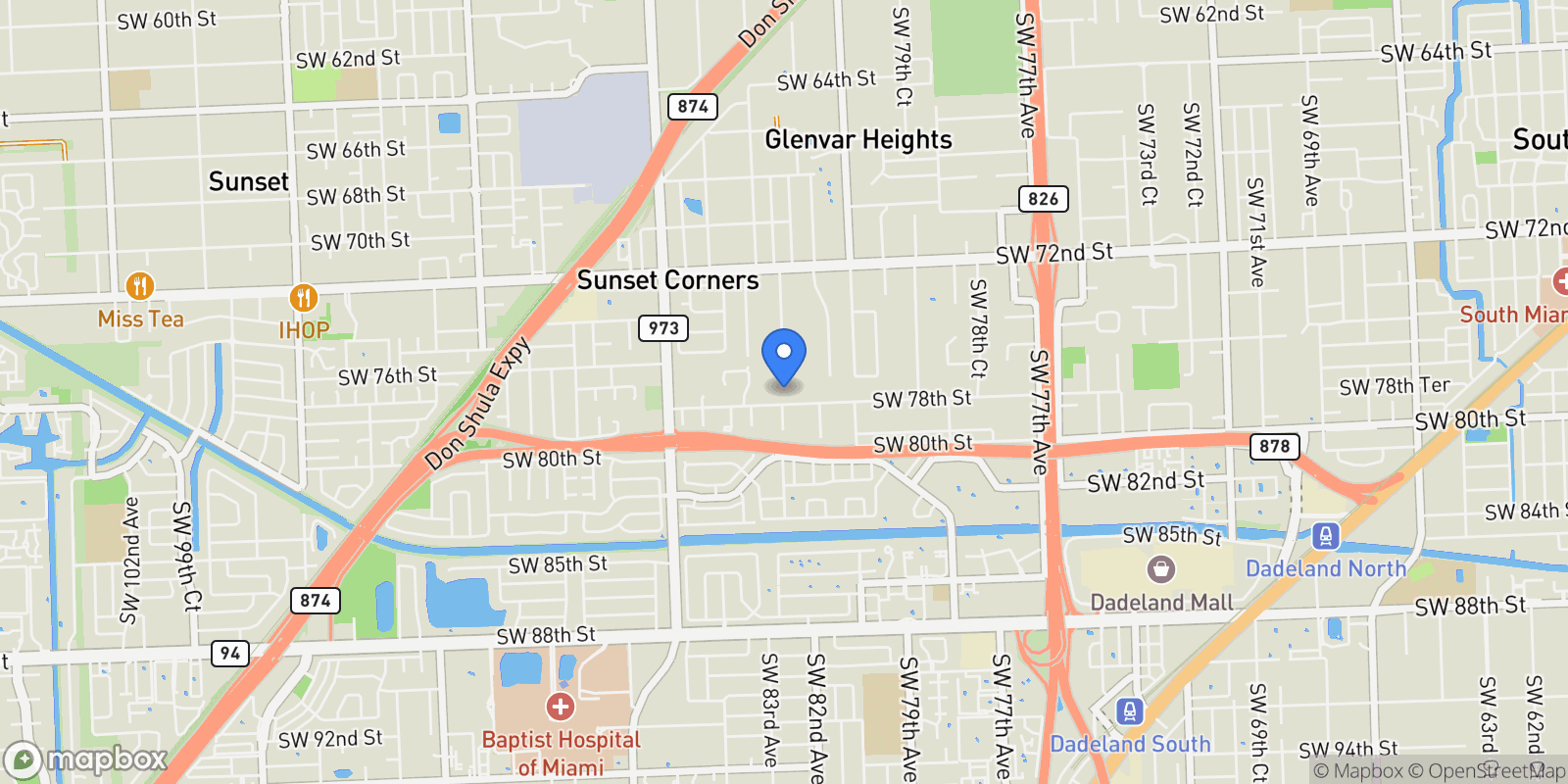 Map showing 8375 SW 78th St, Miami, Florida, United States.