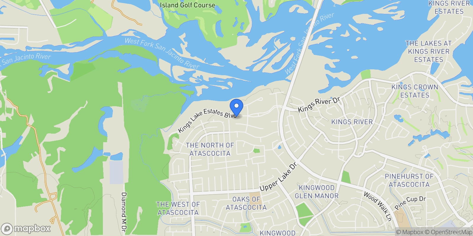 Map showing 37 Kings Lake Estates Boulevard, Humble, Texas, United States.