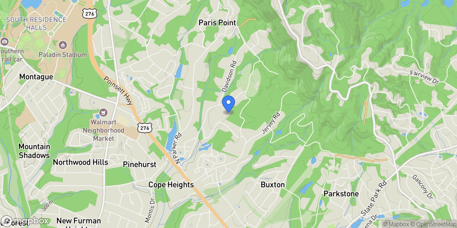 Map showing 8 Dawson Road, Greenville, SC 29609, Greenville, South Carolina, United States.