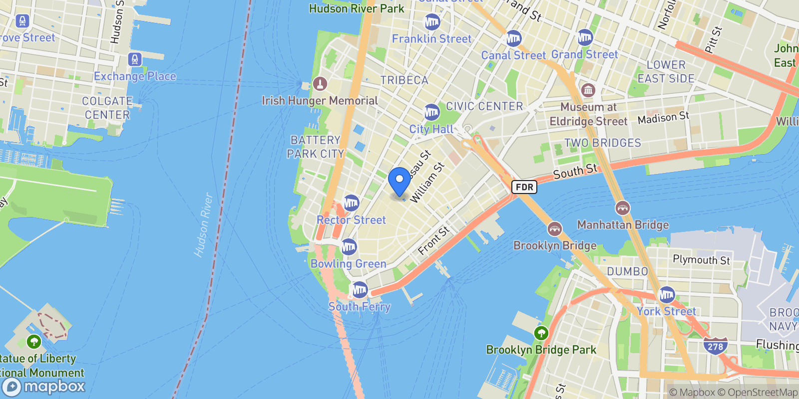 Map showing 20 Pine St, New York, NY 10005, USA, New York, New York, United States.