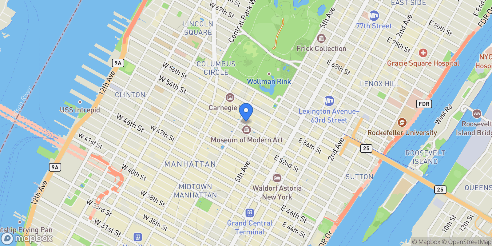 Map showing 45 W 54th St, New York, NY 10019, USA, New York, New York, United States.