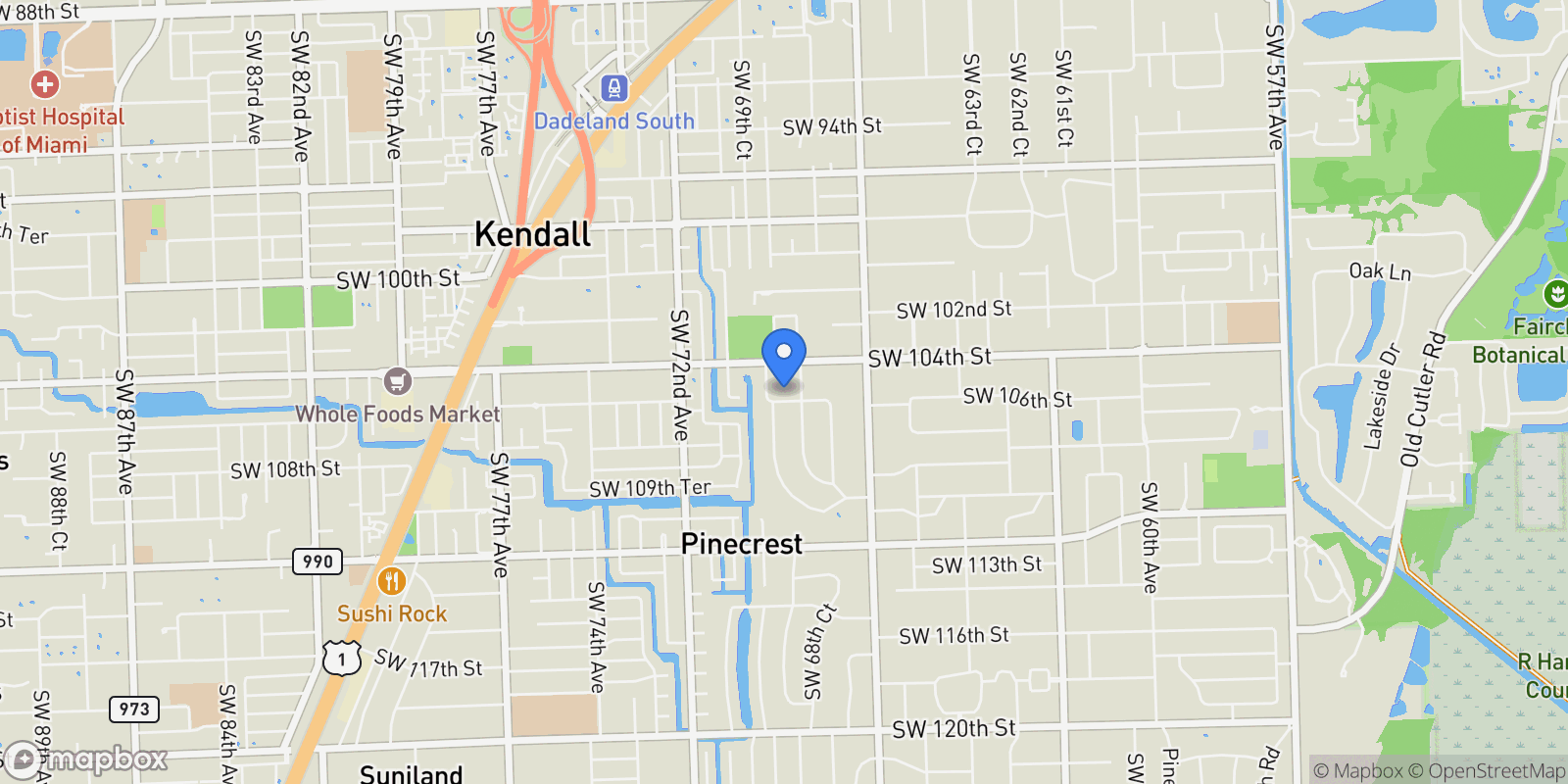 Map showing 6831 SW 106th St, Coral Gables, Florida, United States.