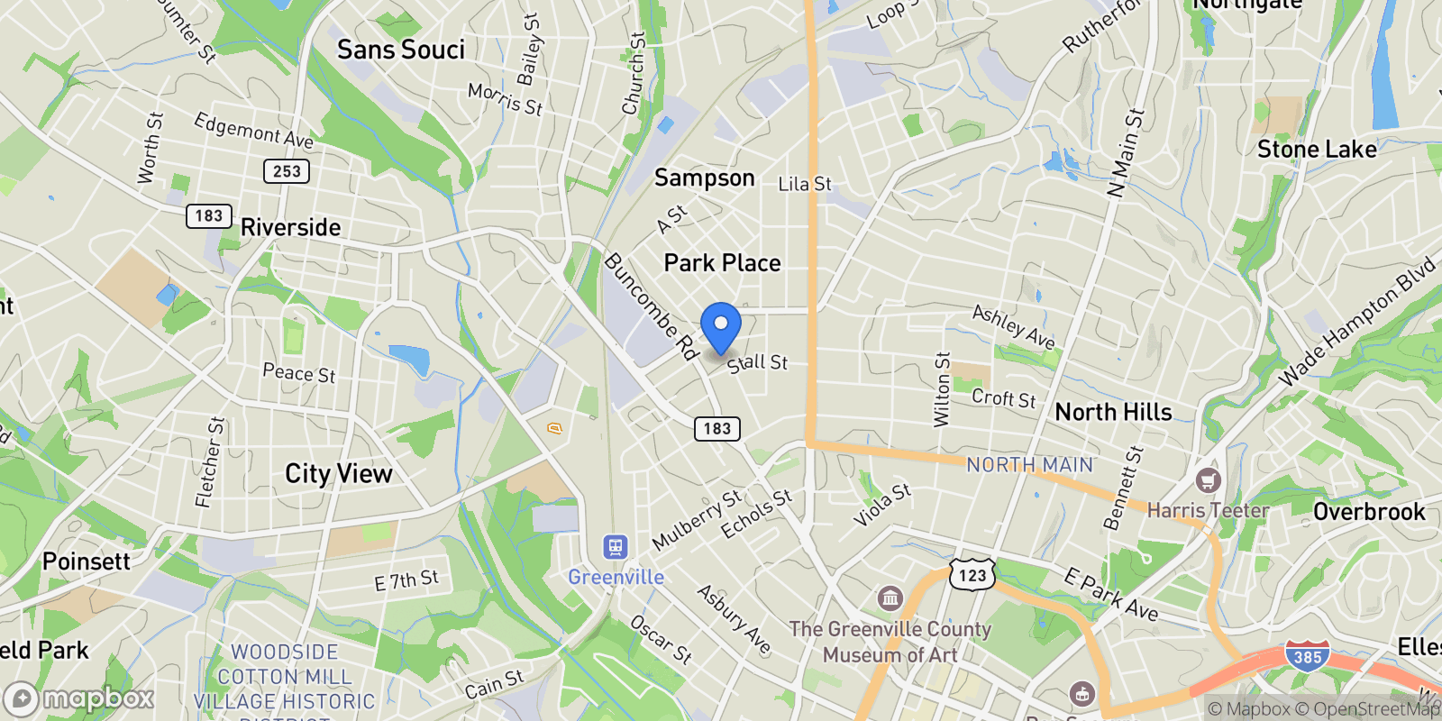 Map showing 105 David Street, Greenville, SC 29609, Greenville, South Carolina, United States.